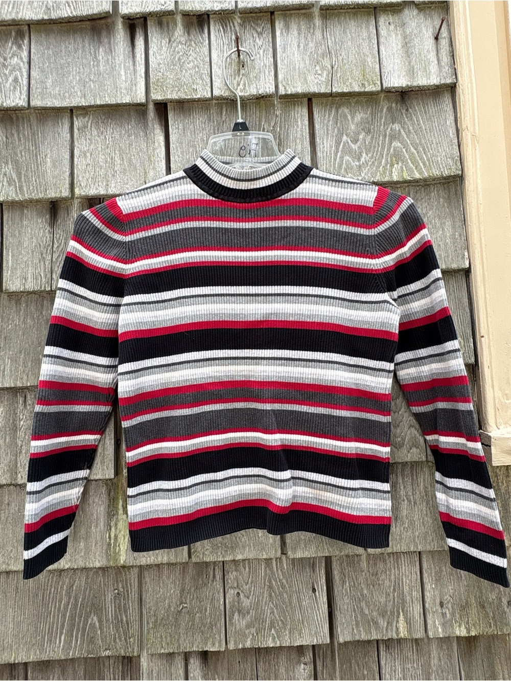 Karen Scott Striped Ribbed Crewneck Sweater in Black, Gray & Red